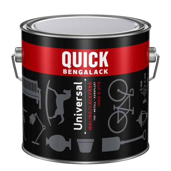 Quick Bengalack Universal silkematt maling Gir en flott og silkematt overflate. Tåler tøff bruk både ute og inne. Anbefalt forbruk pr. strøk: 10-12 m²/liter.