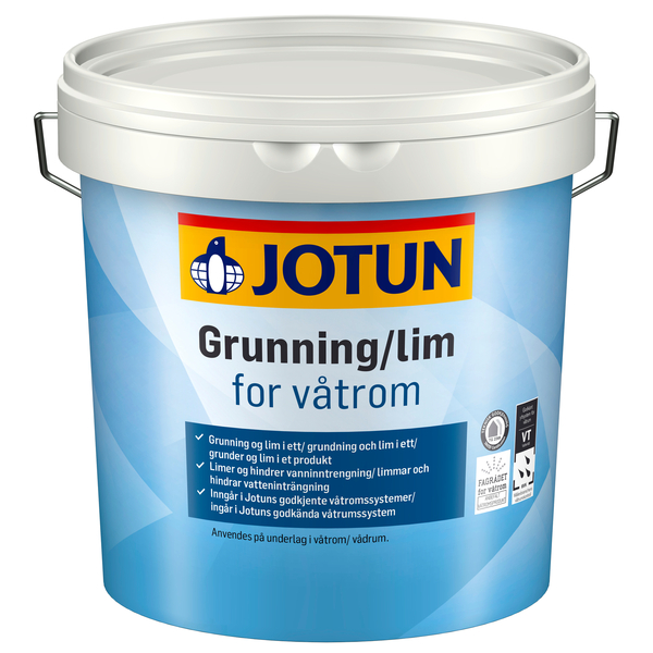 Jotun grunning/lim for våtrom En vanntynnet spesialgrunning og lim i ett som egner seg for glassfiberstrie, cellulose og vinyltapeter i våtrom. Limer og hindrer vanninntrengning.