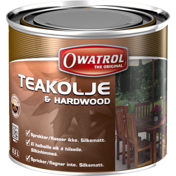 Owatrol teakolje Teakolje til teak og andre eksotiske treslag. Gir god beskyttelse og pleie til treverket. Anbefalt forbruk pr. strøk: 5 m²/liter.