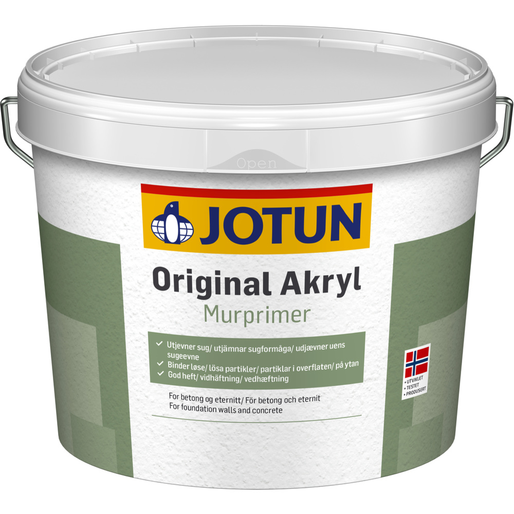 Jotun Original Akryl murprimer Murgrunning til mineralske underlag. Velegnet for betong, trenger inn og utjevner sug i underlaget. Anbefalt forbruk pr. strøk: 5-7 m²/liter (glatte underlag).