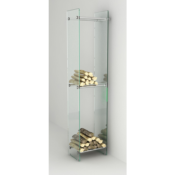 Tolmer veggmontert vedstabler i glass Stor vedstabler i glass, et praktisk og elegant møbel for oppevaring av ved.