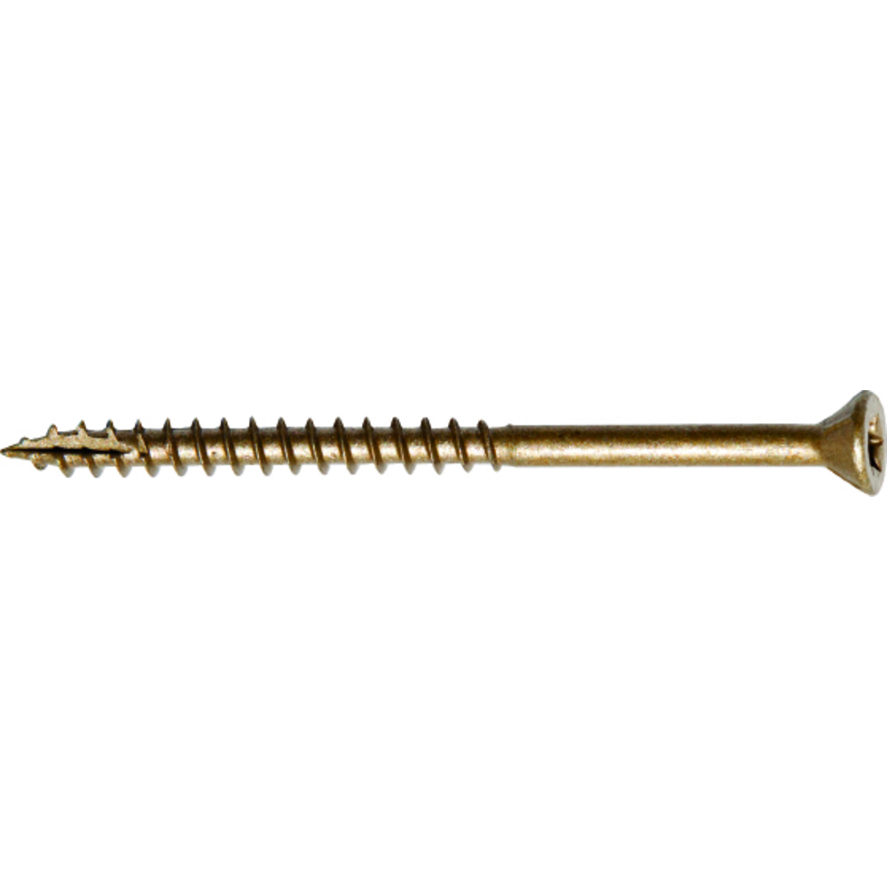 Treskrue T25 ruspert 5,0x100 à 100 stk. Ruspert (bronsefarget), herdet/vokset treskrue med senkhode og torx spor. Delgjenget og fiberkutt.