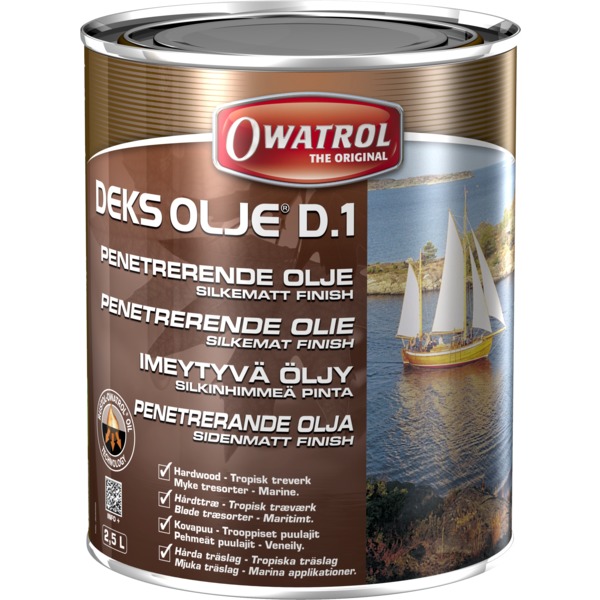 Owatrol D1 Deks olje En gjennomsiktig olje med silkematt finish. Bevarer treverkets struktur og er perfekt å bruke til grunning. Anbefalt forbruk pr. strøk: 1-4 m²/liter.