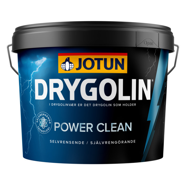 Jotun Drygolin Power Clean eksteriørmaling Power Clean er en høykvalitets akrylmaling med selvrensende egenskaper. Dette sikrer huset et nymalt utseende I år etter år.